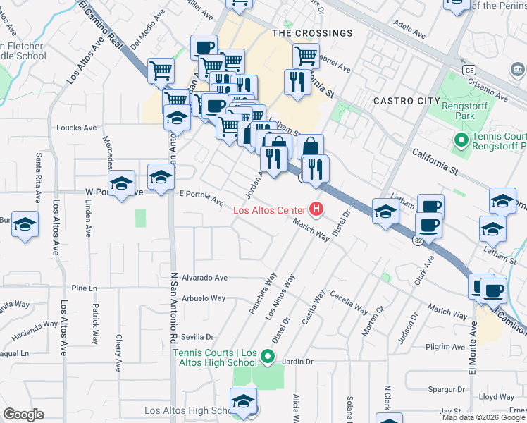 map of restaurants, bars, coffee shops, grocery stores, and more near 231 Marich Way in Los Altos