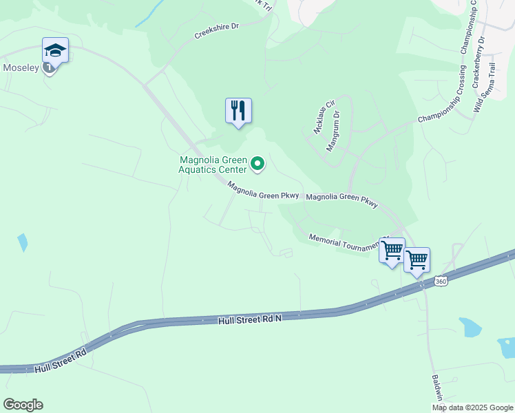 map of restaurants, bars, coffee shops, grocery stores, and more near 7630 Magnolia Green Parkway in Moseley