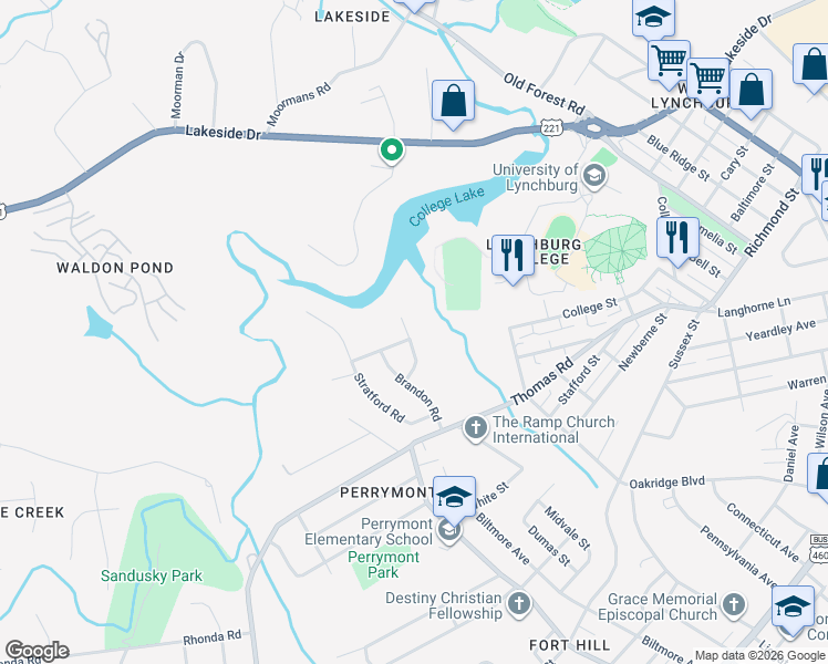 map of restaurants, bars, coffee shops, grocery stores, and more near 1222 Shirley Road in Lynchburg