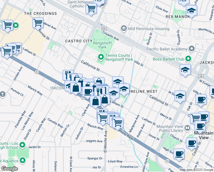 map of restaurants, bars, coffee shops, grocery stores, and more near 1935 Mount Vernon Court in Mountain View