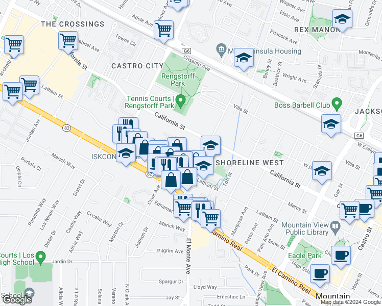 map of restaurants, bars, coffee shops, grocery stores, and more near 1935 Mount Vernon Court in Mountain View