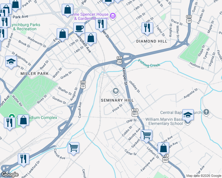 map of restaurants, bars, coffee shops, grocery stores, and more near 2021 Campbell Avenue in Lynchburg