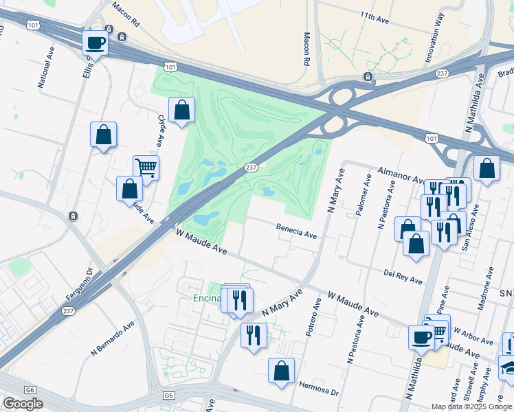 map of restaurants, bars, coffee shops, grocery stores, and more near 995 Benecia Avenue in Sunnyvale