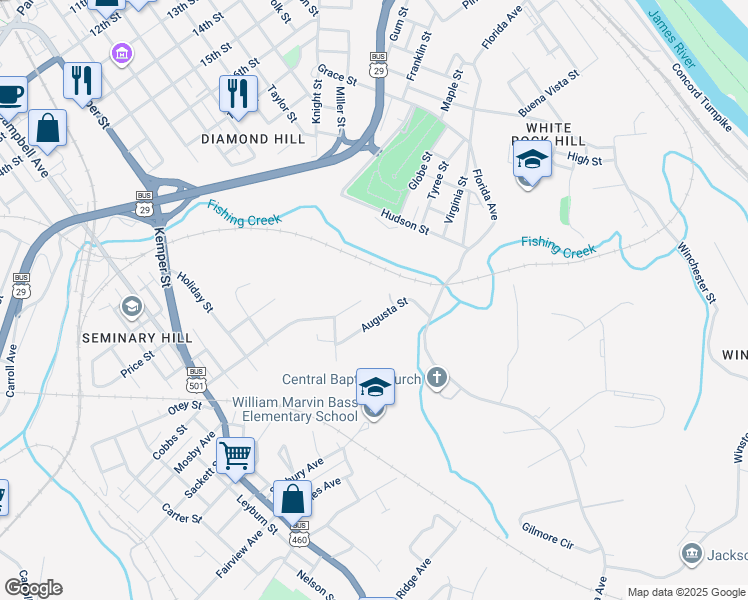 map of restaurants, bars, coffee shops, grocery stores, and more near 1404 Otey Street in Lynchburg