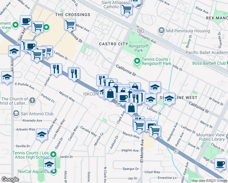 map of restaurants, bars, coffee shops, grocery stores, and more near 2033 Latham Street in Mountain View