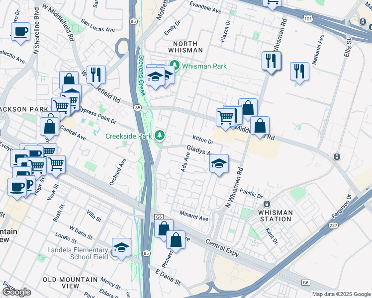 map of restaurants, bars, coffee shops, grocery stores, and more near 251 Tyrella Avenue in Mountain View