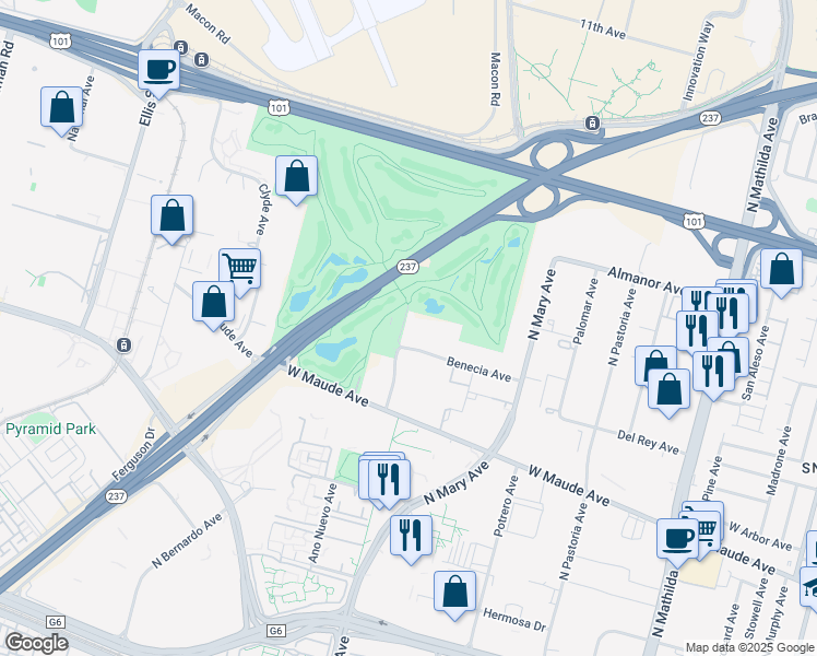 map of restaurants, bars, coffee shops, grocery stores, and more near 995 Benecia Avenue in Sunnyvale