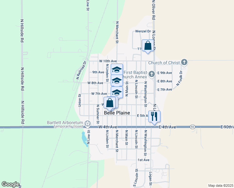 map of restaurants, bars, coffee shops, grocery stores, and more near 698 North Merchant Street in Belle Plaine