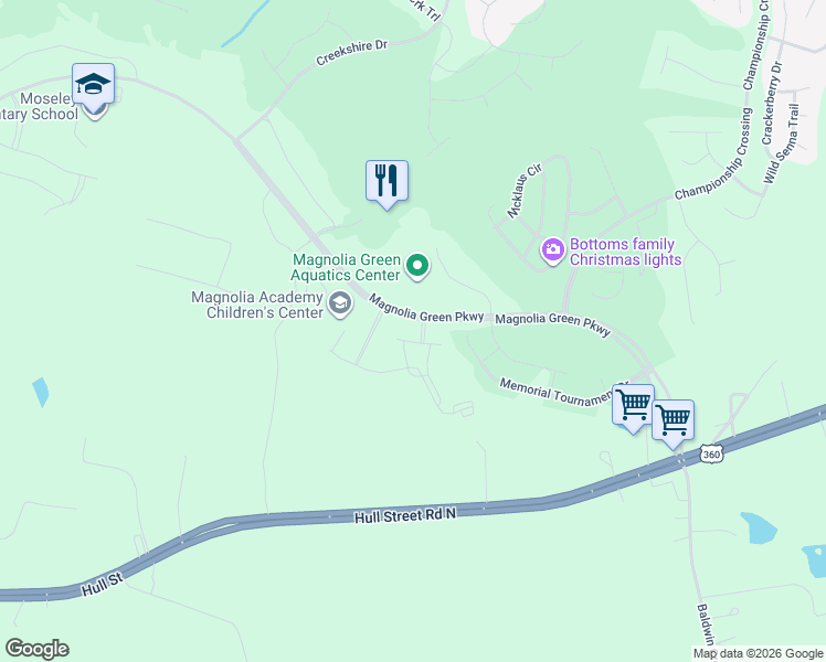 map of restaurants, bars, coffee shops, grocery stores, and more near 7630 Magnolia Green Parkway in Moseley