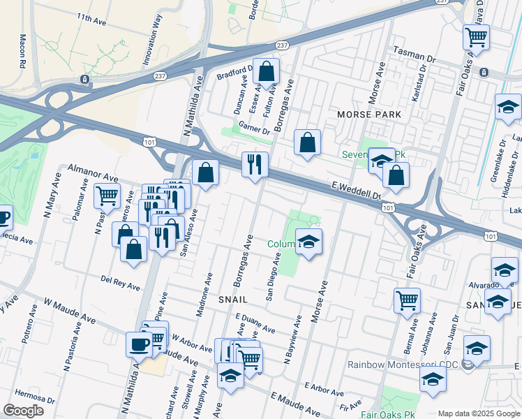 map of restaurants, bars, coffee shops, grocery stores, and more near 801 Borregas Avenue in Sunnyvale