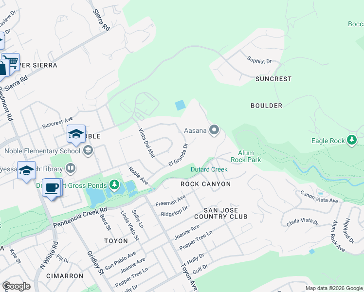 map of restaurants, bars, coffee shops, grocery stores, and more near 3645 El Grande Drive in San Jose