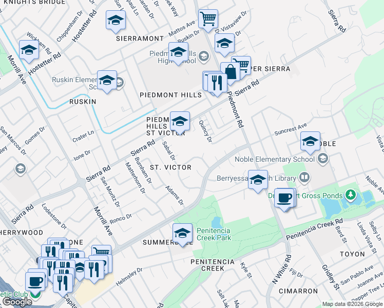 map of restaurants, bars, coffee shops, grocery stores, and more near 1213 Shriver Court in San Jose