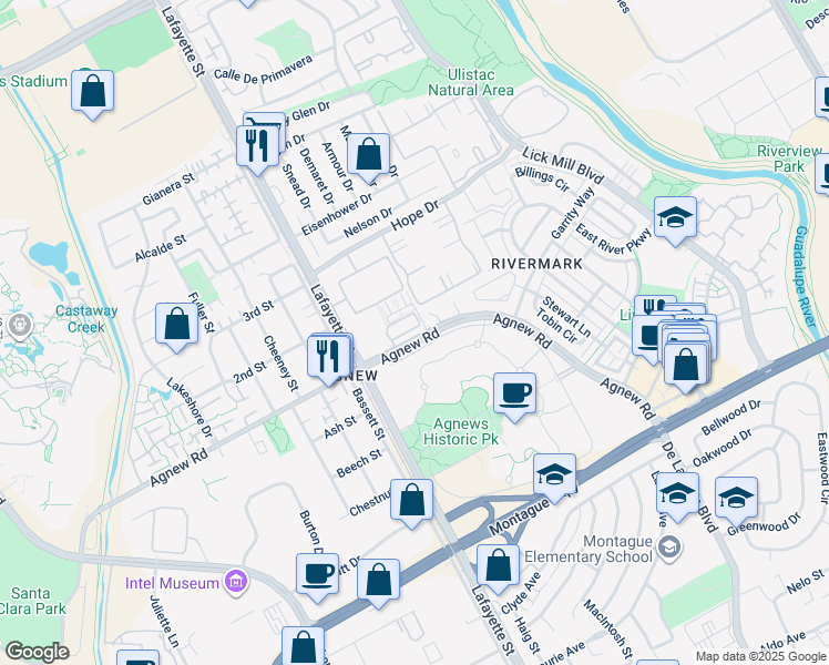 map of restaurants, bars, coffee shops, grocery stores, and more near 1509 Agnew Road in Santa Clara
