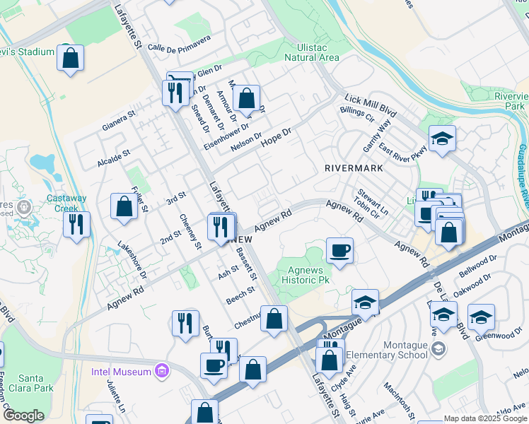 map of restaurants, bars, coffee shops, grocery stores, and more near 1680 Shore Place in Santa Clara
