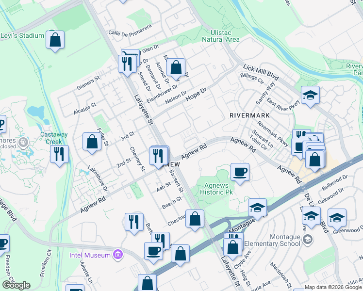 map of restaurants, bars, coffee shops, grocery stores, and more near 1680 Shore Place in Santa Clara