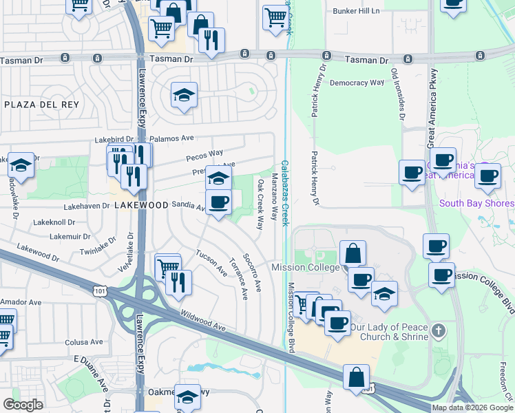 map of restaurants, bars, coffee shops, grocery stores, and more near 1220 Oak Creek Way in Sunnyvale