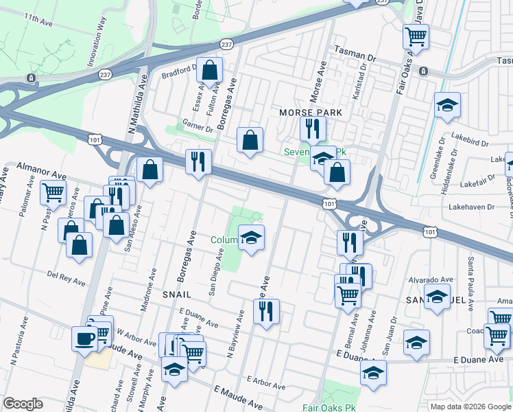 map of restaurants, bars, coffee shops, grocery stores, and more near 836 Alturas Avenue in Sunnyvale