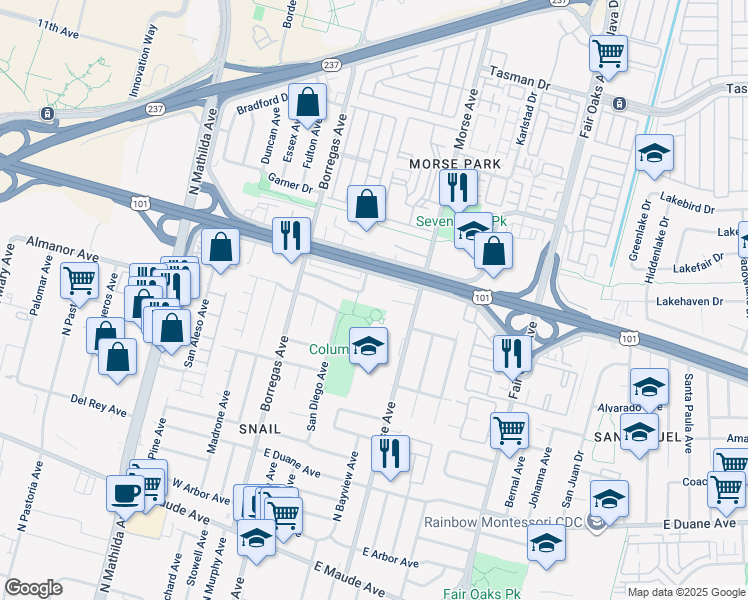map of restaurants, bars, coffee shops, grocery stores, and more near 297 Alturas Avenue in Sunnyvale