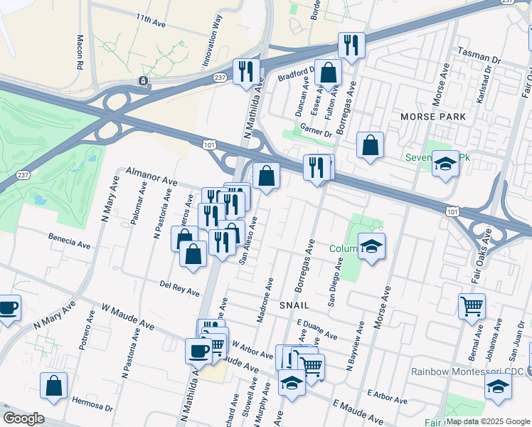 map of restaurants, bars, coffee shops, grocery stores, and more near 824 San Aleso Avenue in Sunnyvale