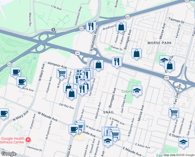 map of restaurants, bars, coffee shops, grocery stores, and more near 824 San Aleso Avenue in Sunnyvale