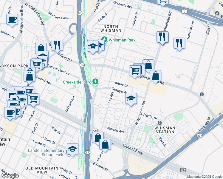 map of restaurants, bars, coffee shops, grocery stores, and more near 251 Tyrella Avenue in Mountain View