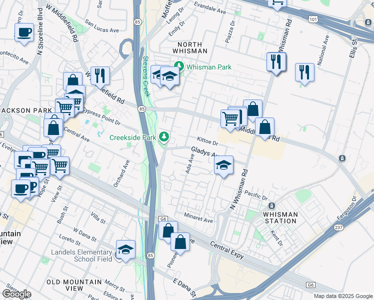 map of restaurants, bars, coffee shops, grocery stores, and more near 71 Gladys Avenue in Mountain View