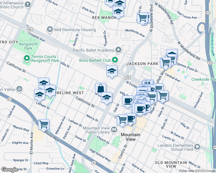 map of restaurants, bars, coffee shops, grocery stores, and more near 1260 Villa Street in Mountain View