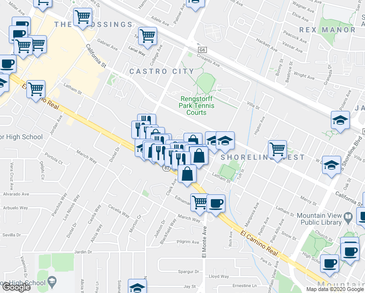 map of restaurants, bars, coffee shops, grocery stores, and more near 1990 Latham Street in Mountain View