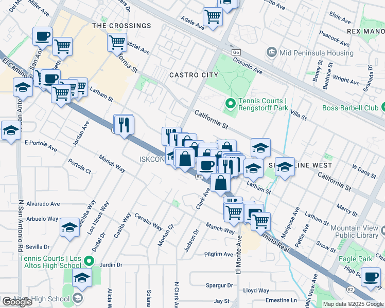 map of restaurants, bars, coffee shops, grocery stores, and more near 2050 Latham Street in Mountain View