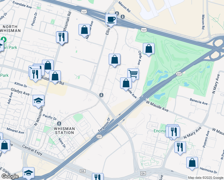 map of restaurants, bars, coffee shops, grocery stores, and more near 351 Logue Avenue in Mountain View