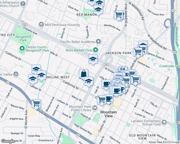 map of restaurants, bars, coffee shops, grocery stores, and more near 202 Mountain View Avenue in Mountain View
