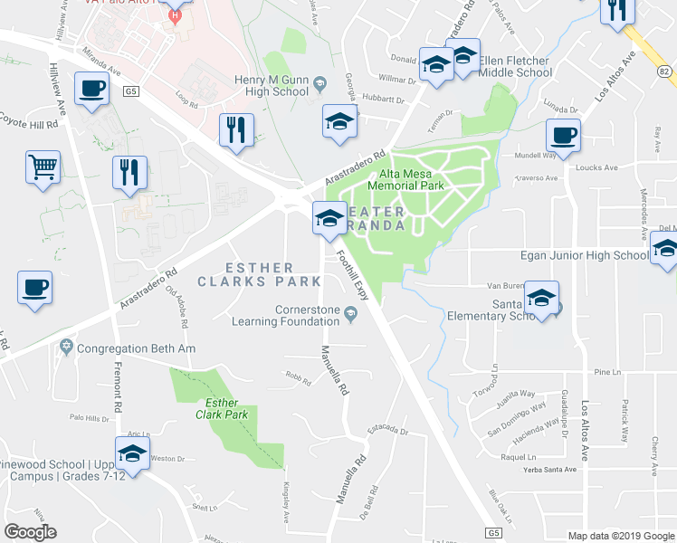 map of restaurants, bars, coffee shops, grocery stores, and more near 834 Mesa Court in Palo Alto