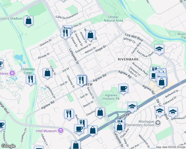 map of restaurants, bars, coffee shops, grocery stores, and more near 1680 Shore Place in Santa Clara