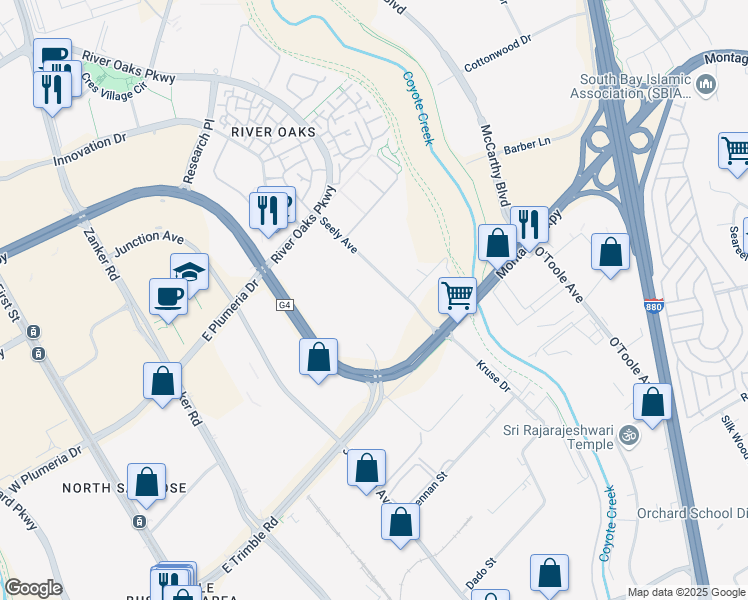 map of restaurants, bars, coffee shops, grocery stores, and more near 2655 Seely Avenue in San Jose
