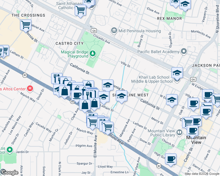 map of restaurants, bars, coffee shops, grocery stores, and more near 1885 California Street in Mountain View