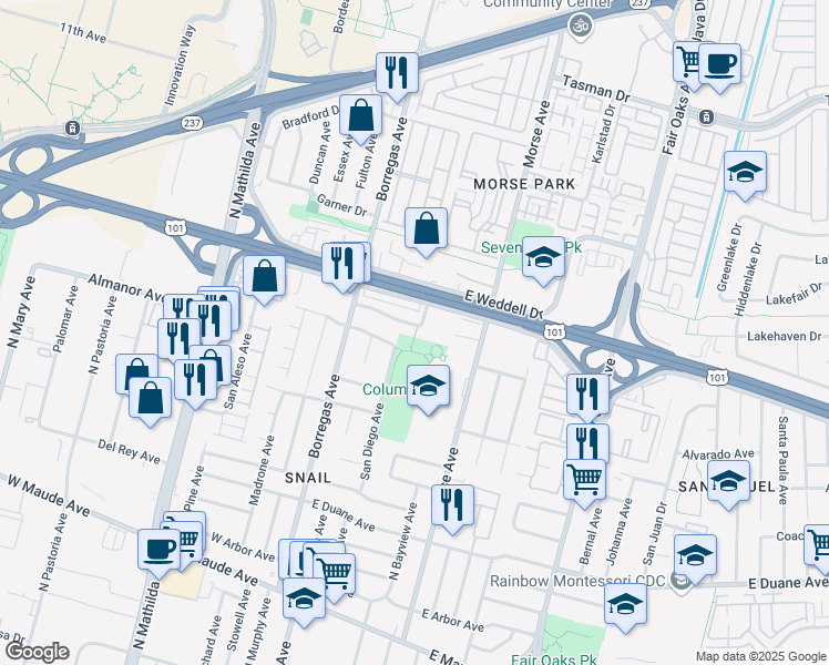 map of restaurants, bars, coffee shops, grocery stores, and more near 297 Alturas Avenue in Sunnyvale