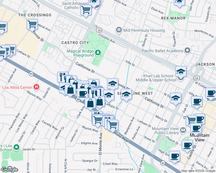 map of restaurants, bars, coffee shops, grocery stores, and more near 1921 California Street in Mountain View