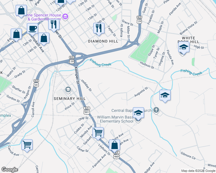 map of restaurants, bars, coffee shops, grocery stores, and more near 1710 Price Street in Lynchburg