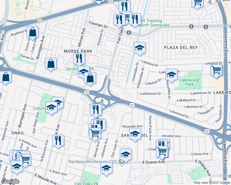 map of restaurants, bars, coffee shops, grocery stores, and more near 610 East Weddell Drive in Sunnyvale