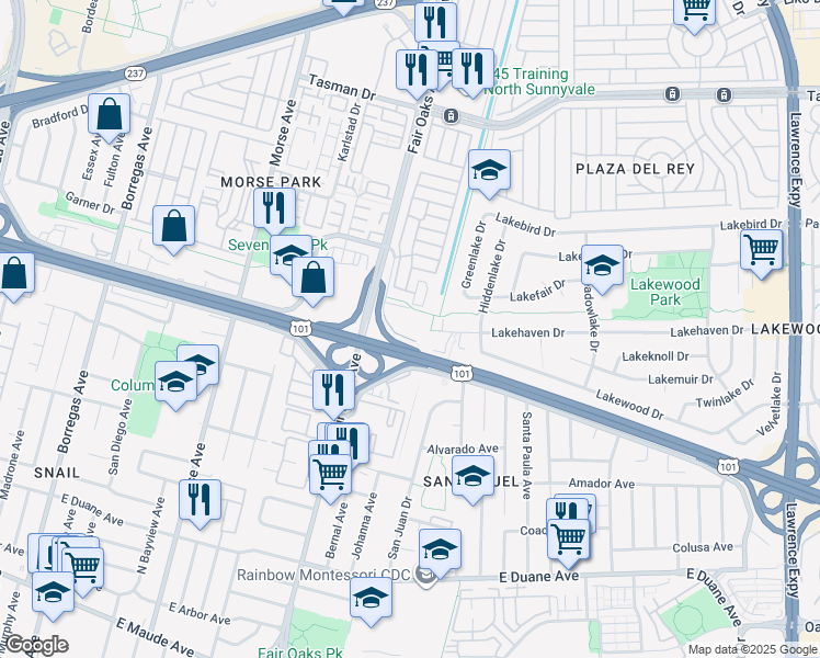 map of restaurants, bars, coffee shops, grocery stores, and more near 610 East Weddell Drive in Sunnyvale