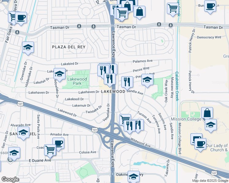 map of restaurants, bars, coffee shops, grocery stores, and more near Lawrence Expy & Sandia Ave in Sunnyvale