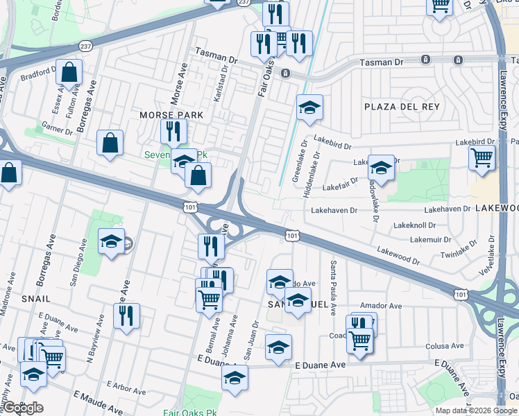 map of restaurants, bars, coffee shops, grocery stores, and more near 610 East Weddell Drive in Sunnyvale