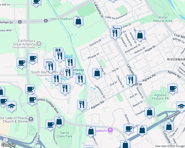 map of restaurants, bars, coffee shops, grocery stores, and more near 2322 Rambo Court in Santa Clara