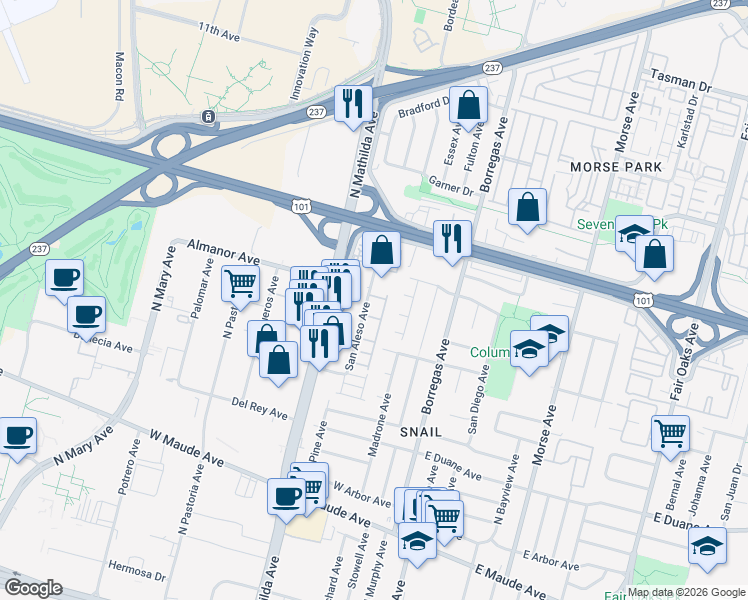 map of restaurants, bars, coffee shops, grocery stores, and more near 824 San Aleso Avenue in Sunnyvale