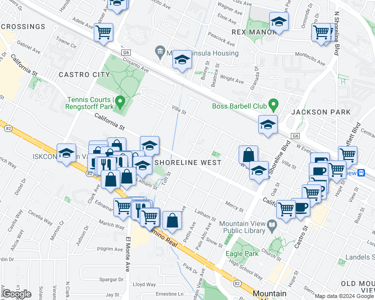 map of restaurants, bars, coffee shops, grocery stores, and more near 323 Higdon Avenue in Mountain View
