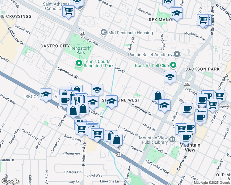 map of restaurants, bars, coffee shops, grocery stores, and more near 323 Higdon Avenue in Mountain View