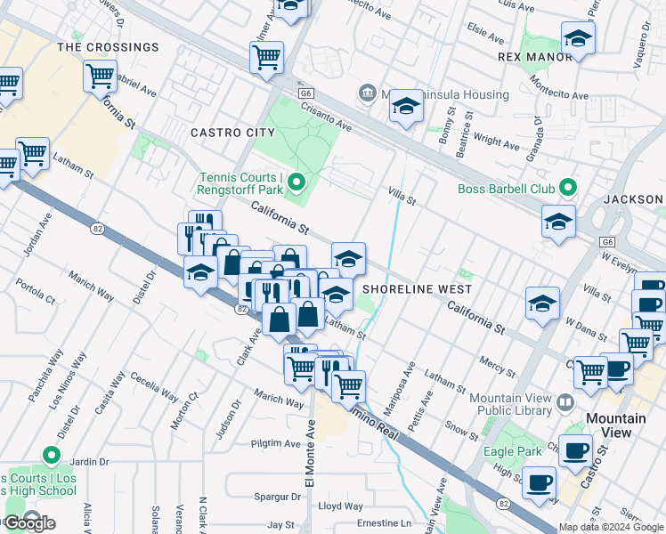 map of restaurants, bars, coffee shops, grocery stores, and more near 1921 California Street in Mountain View
