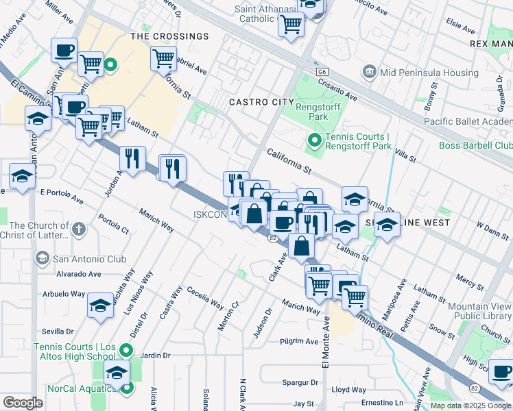 map of restaurants, bars, coffee shops, grocery stores, and more near 2050 Latham Street in Mountain View