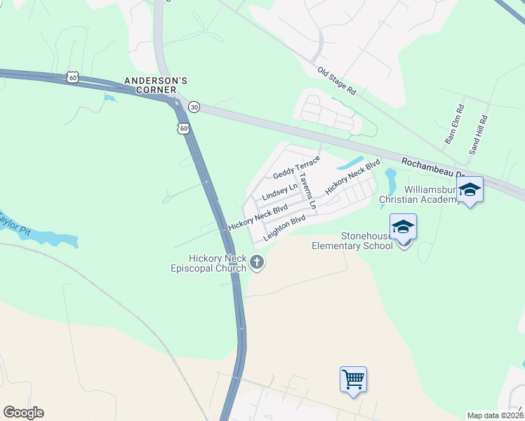 map of restaurants, bars, coffee shops, grocery stores, and more near 3309 Hickory Neck Boulevard in Toano