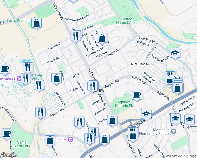 map of restaurants, bars, coffee shops, grocery stores, and more near 4446 Moulin Place in Santa Clara